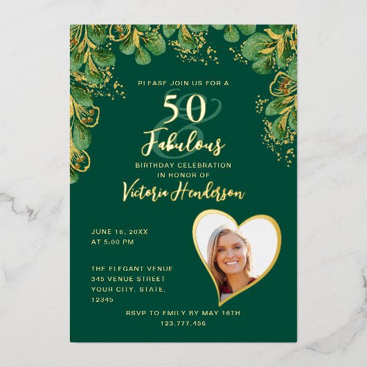 Emerald Green & Gold 50 en feestdag Folie Uitnodiging (Voorkant)
