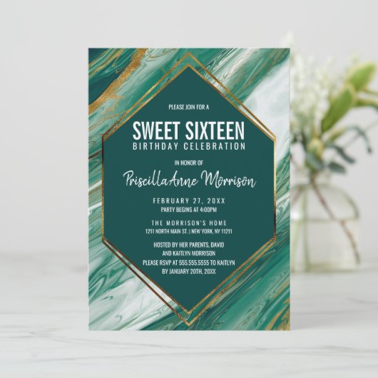 Emerald Green Gold Abstract Agate Marble Sweet 16 Kaart (Staand voorkant)