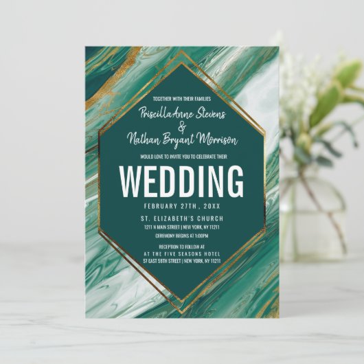 Emerald Green Gold Abstract Agate Marble Wedding Kaart (Staand voorkant)