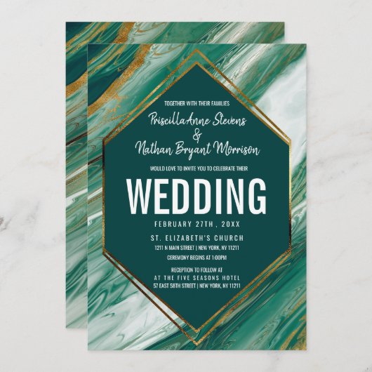 Emerald Green Gold Abstract Agate Marble Wedding Kaart (Voorkant / Achterkant)