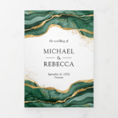 Emerald Green Gold Abstract Ink QR Code Weddenscha Drieluik Uitnodiging (Cover)