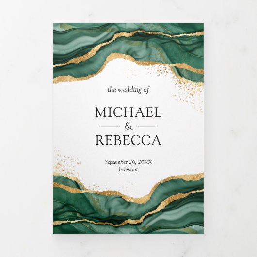 Emerald Green Gold Abstract Ink QR Code Weddenscha Drieluik Uitnodiging (Cover)