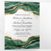 Emerald Green Gold Abstract Ink QR Code Weddenscha Drieluik Uitnodiging (Binnenzijde eerst)