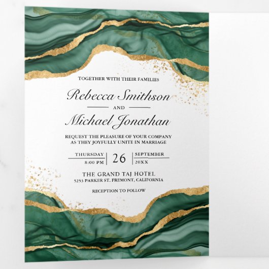 Emerald Green Gold Abstract Ink QR Code Weddenscha Drieluik Uitnodiging (Binnenzijde eerst)