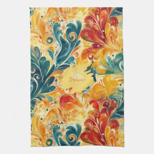 Emerald Green & Gold Abstract Paisley Bladeren (3) Theedoek (Verticaal)
