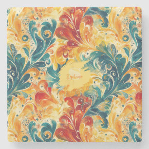 Emerald Green & Gold Abstract Paisley Bladeren Stenen Onderzetter