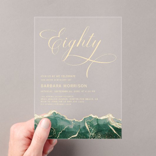 Emerald Green Gold Agaat 80e 80e verjaardag Acryl Uitnodigingen (Insitu (Draagbaar))