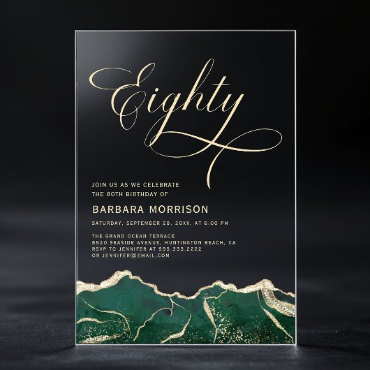 Emerald Green Gold Agaat 80e 80e verjaardag Acryl Uitnodigingen