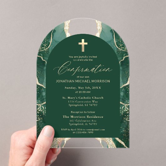 Emerald Green Gold Agaat Bevestiging Elegant Acryl Uitnodigingen (Insitu (Draagbaar))