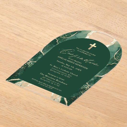 Emerald Green Gold Agaat Bevestiging Modern Acryl Uitnodigingen (Laagn)