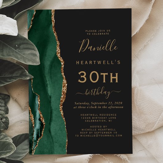 Emerald Green Gold Agaat Dark 30th Birthday Party Kaart