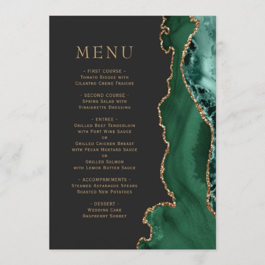 Emerald Green Gold Agaat Dark Wedding Menu (Voorkant)