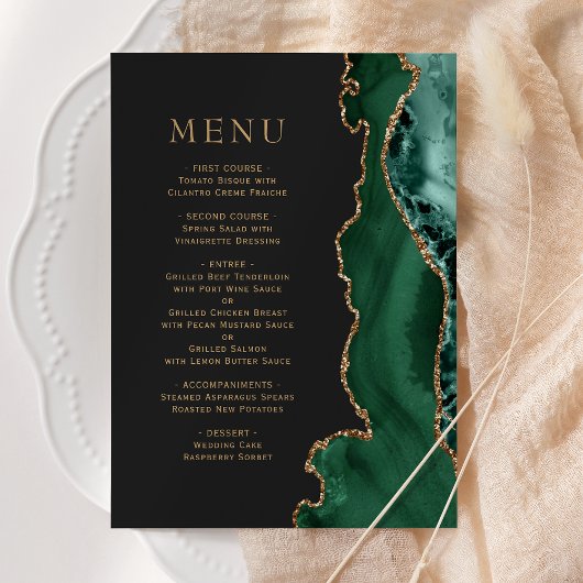 Emerald Green Gold Agaat Dark Wedding Menu