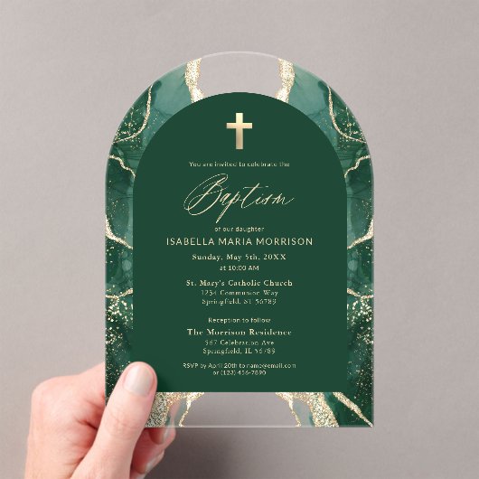 Emerald Green Gold Agaat Doop Modern Elegant Acryl Uitnodigingen (Insitu (Draagbaar))