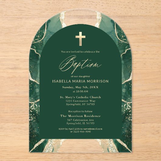 Emerald Green Gold Agaat Doop Modern Elegant Acryl Uitnodigingen (Voorkant)