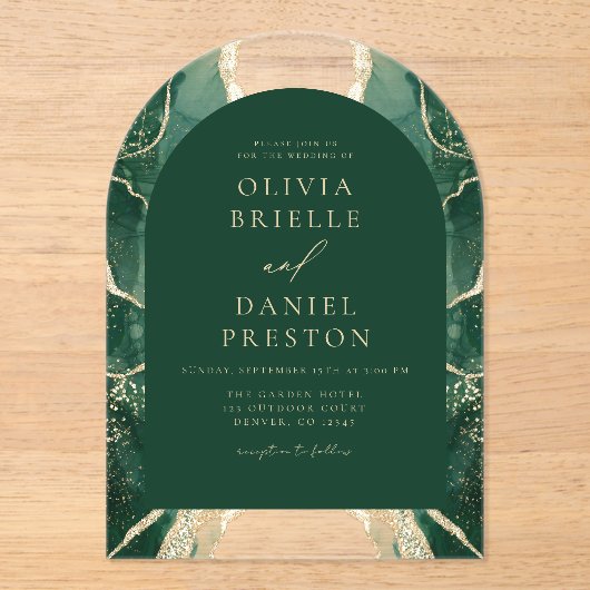 Emerald Green Gold Agaat Huwelijk Elegant Acryl Uitnodigingen (Voorkant)