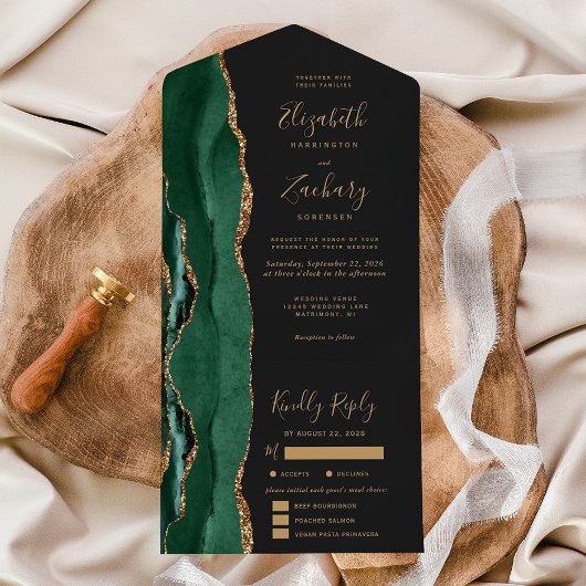 Emerald Green Gold Agaat Maaltijden Dark Wedding All In One Uitnodiging