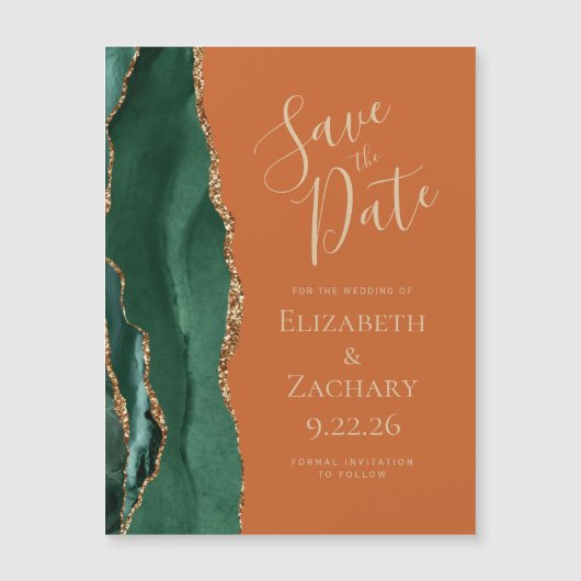 Emerald Green Gold Agaat Rust Magnet Save the Date (Voorkant)