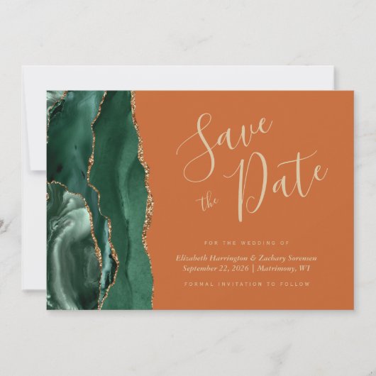 Emerald Green Gold Agaat Rust Save the Date Kaart (Voorkant)