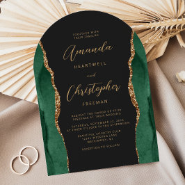 Emerald Green Gold Agaat Script Dark Arch Wedding Kaart