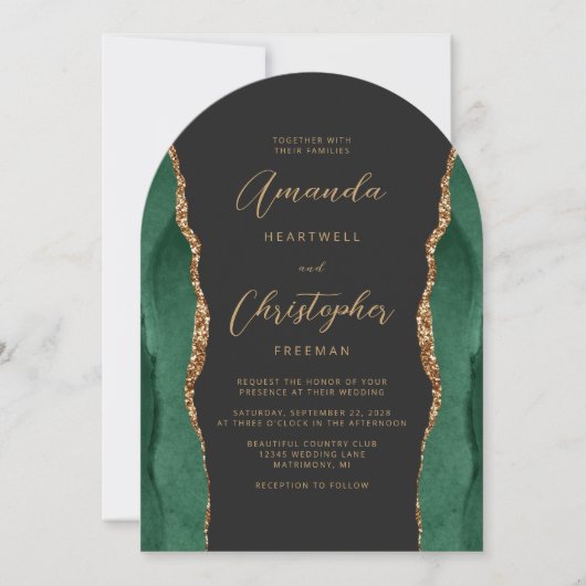 Emerald Green Gold Agaat Script Dark Arch Wedding Kaart (Voorkant)