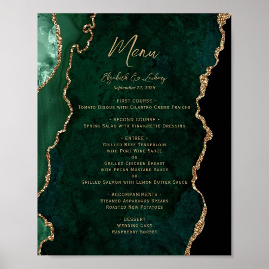 Emerald Green Gold Agaat Trouwtafel Menu Poster (Voorkant)
