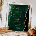 Emerald Green Gold Agaat Trouwtafel Menu Poster<br><div class="desc">De linkerrand van dit elegante moderne trouwmenubord heeft een smaragdgroene waterverf agaatrand met faux gold glitter. Het woord "Menu" verschijnt in goudkleurig handschrift. Personaliseer de resterende tekst met de namen van het paar,  de trouwdatum en de menudetails.</div>