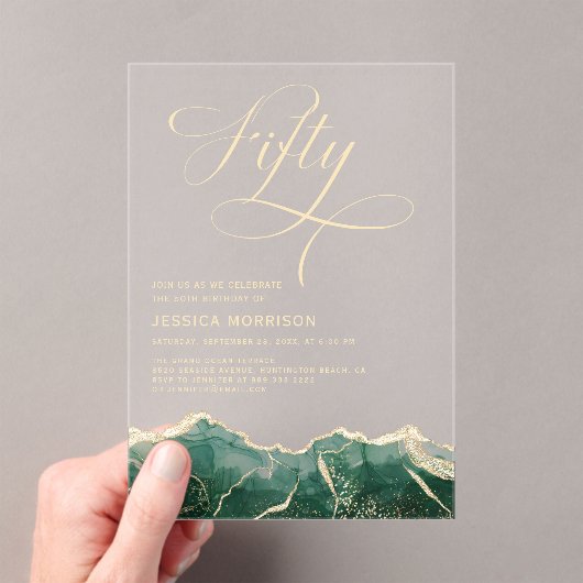 Emerald Green Gold Agate 50e 50-jarig verjaardagsf Acryl Uitnodigingen (Insitu (Draagbaar))