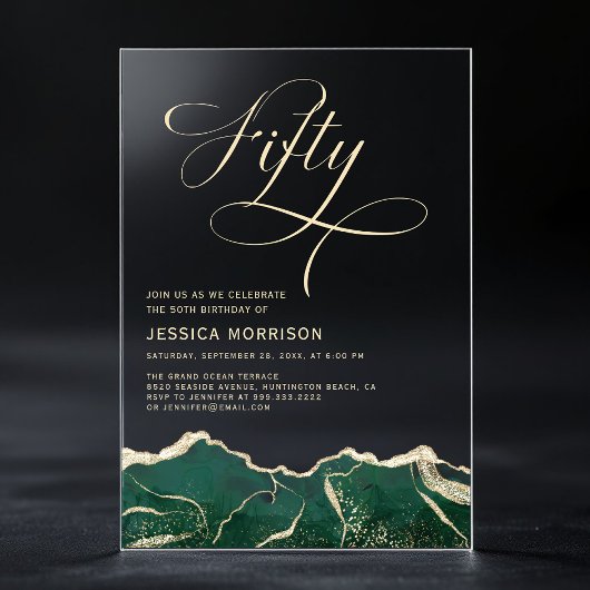 Emerald Green Gold Agate 50e 50-jarig verjaardagsf Acryl Uitnodigingen