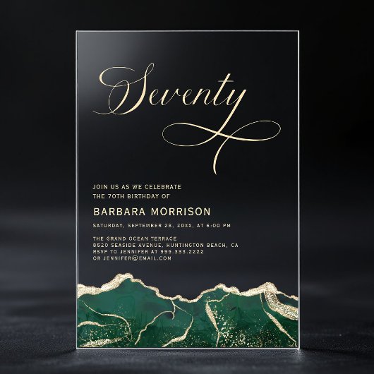 Emerald Green Gold Agate 70e 70e verjaardag Acryl Uitnodigingen
