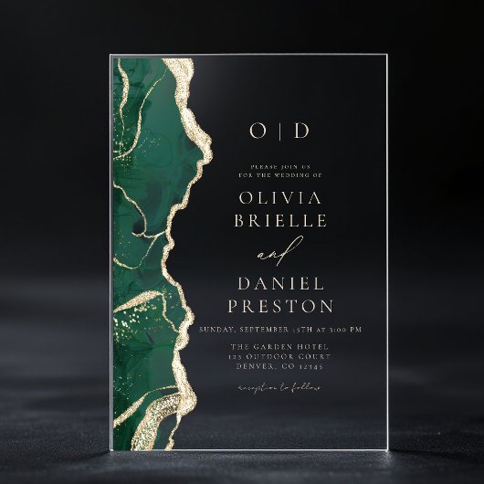 Emerald Green Gold Agate bruiloft monogram Acryl Uitnodigingen