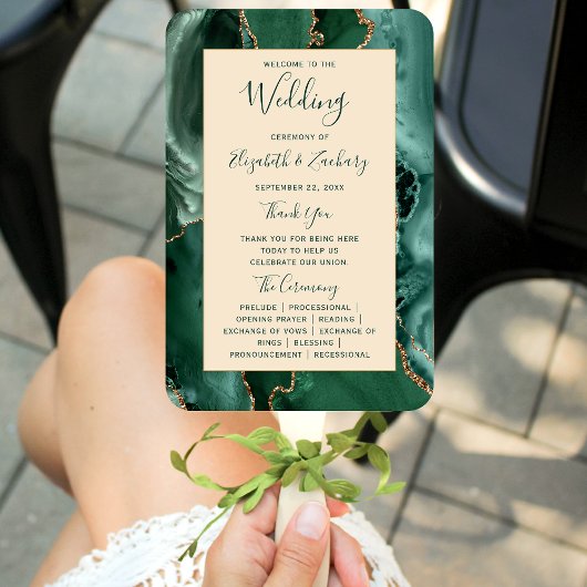 Emerald Green Gold Agate Champagne Wedding Program Handwaaier