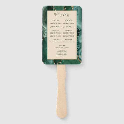 Emerald Green Gold Agate Champagne Wedding Program Handwaaier (Achterkant)