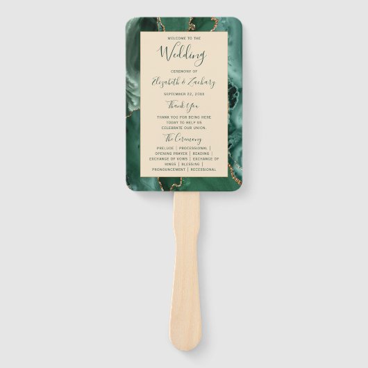 Emerald Green Gold Agate Champagne Wedding Program Handwaaier (Voorkant)