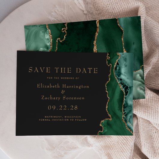 Emerald Green Gold Agate Dark Save the Date Kaart