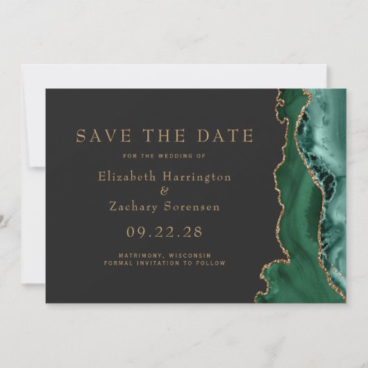 Emerald Green Gold Agate Dark Save the Date Kaart (Voorkant)