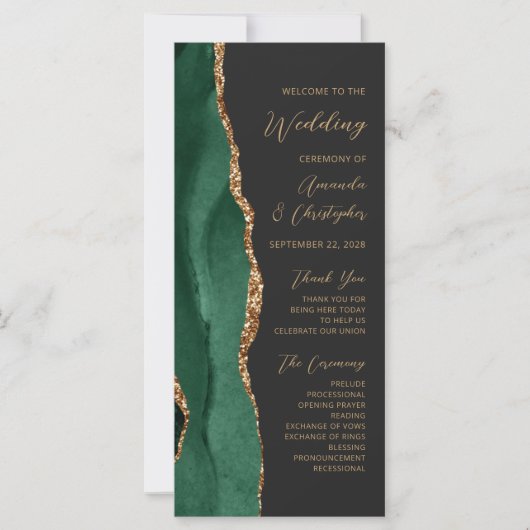 Emerald Green Gold Agate Dark Wedding Programme (Voorkant)