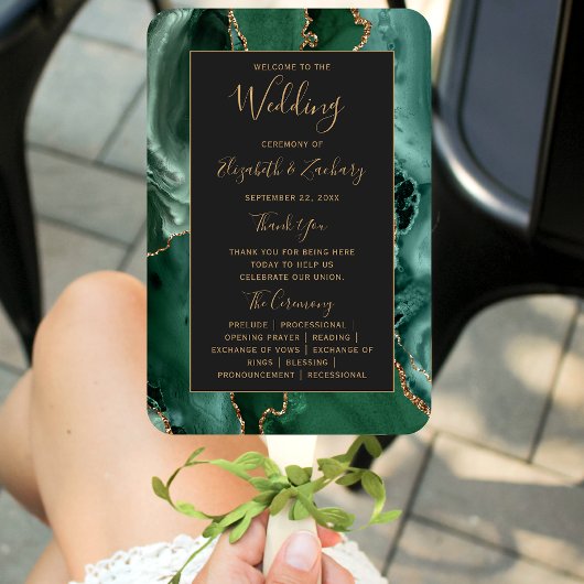 Emerald Green Gold Agate Dark Wedding Programme Handwaaier