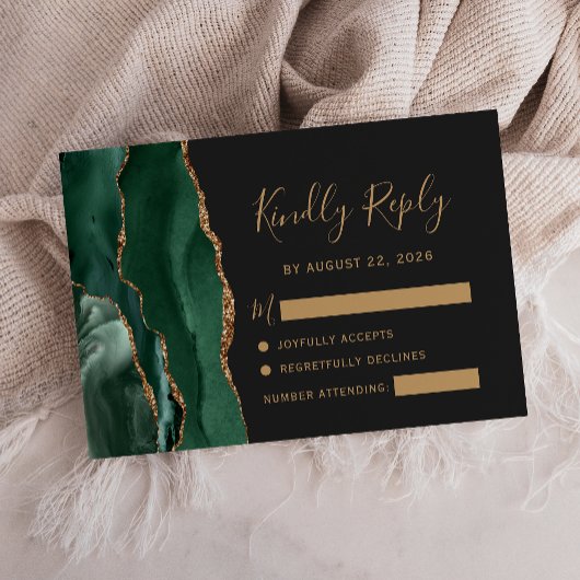 Emerald Green Gold Agate Dark Wedding RSVP Kaartje