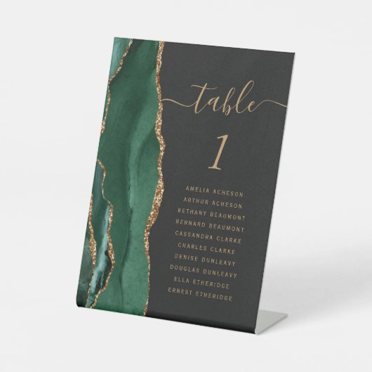Emerald Green Gold Agate Dark Wedingstabel Number Reclamebord Met Voetstuk (Voorkant)