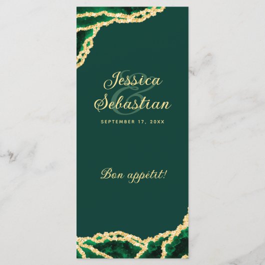 Emerald Green & Gold Agate Elegant Wedding Menu (Achterkant)