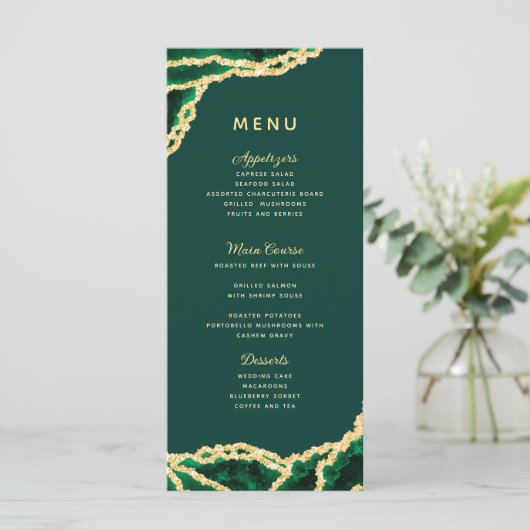 Emerald Green & Gold Agate Elegant Wedding Menu (Staand voorkant)