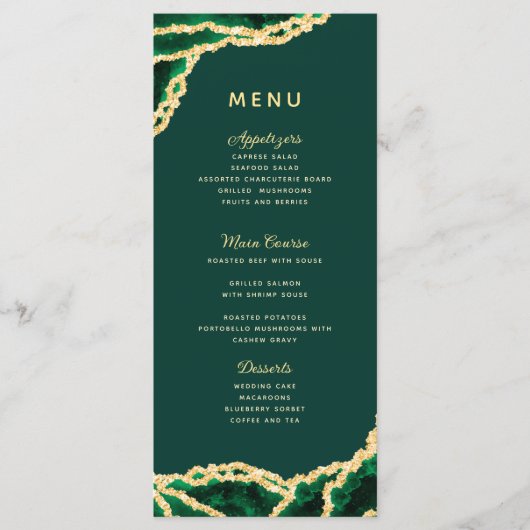 Emerald Green & Gold Agate Elegant Wedding Menu (Voorkant)