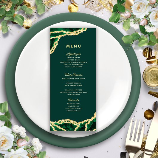 Emerald Green & Gold Agate Elegant Wedding Menu