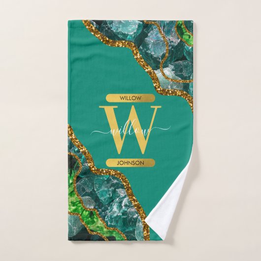 Emerald Green & Gold Agate Geode Glitter Monogram Bad Handdoek (Handdoek)