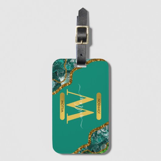 Emerald Green & Gold Agate Geode Glitter Monogram Bagagelabel (Voorkant (verticaal))