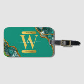 Emerald Green & Gold Agate Geode Glitter Monogram Bagagelabel (Voorkant (horizontaal))