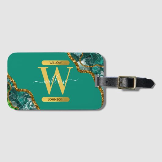 Emerald Green & Gold Agate Geode Glitter Monogram Bagagelabel (Voorkant (horizontaal))