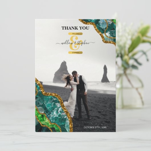 Emerald Green & Gold Agate Geode Glitter Monogram Bedankkaart (Staand voorkant)