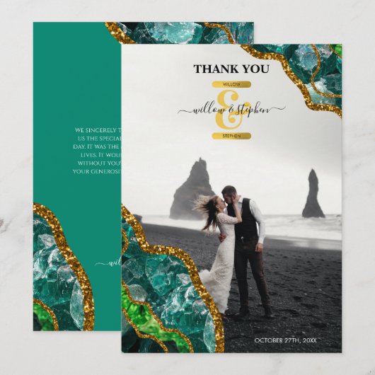 Emerald Green & Gold Agate Geode Glitter Monogram Bedankkaart (Voorkant / Achterkant)